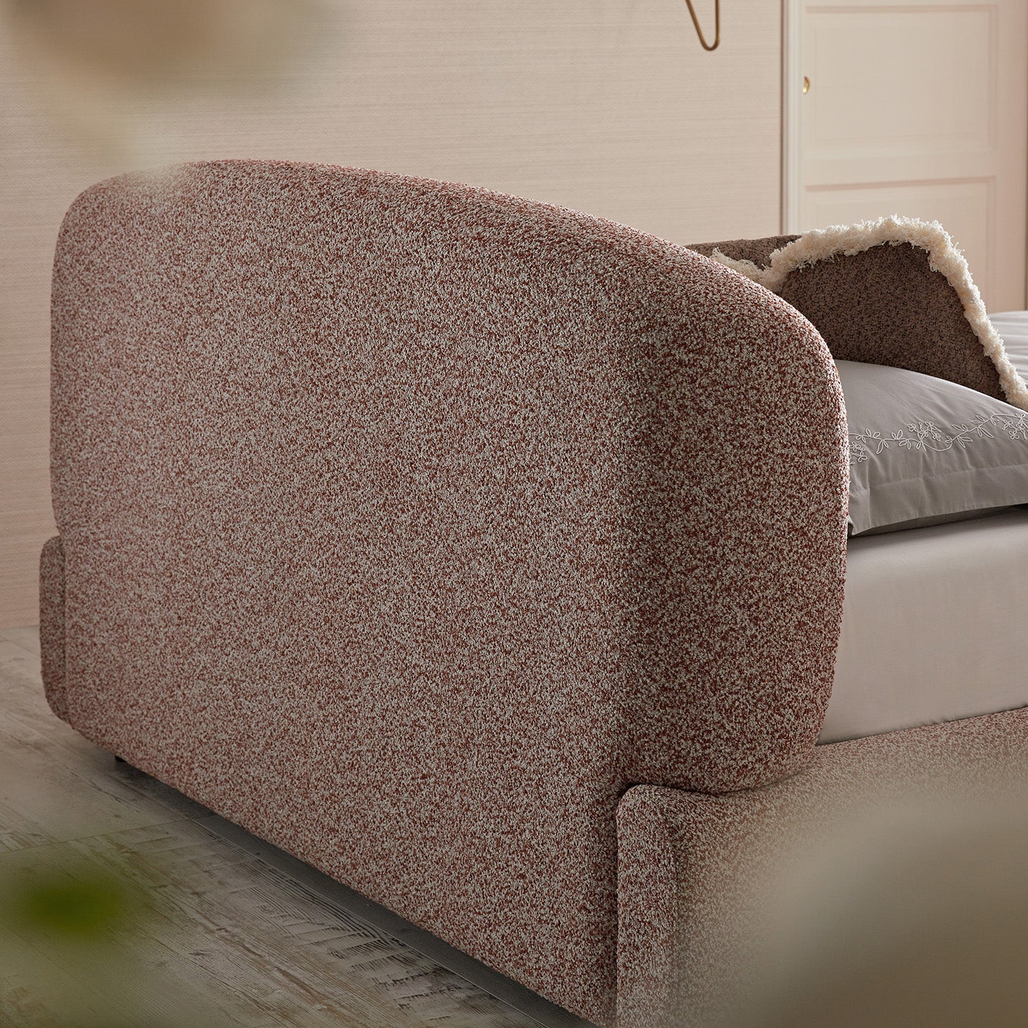 Constance Winged Headboard Ottoman Storage Bed, Musk Blush Boucle