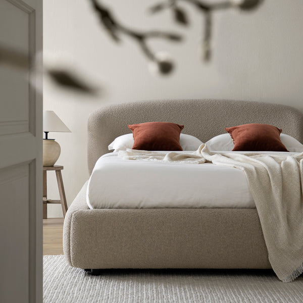 Constance Winged Headboard Ottoman Storage Bed, Light Taupe Boucle