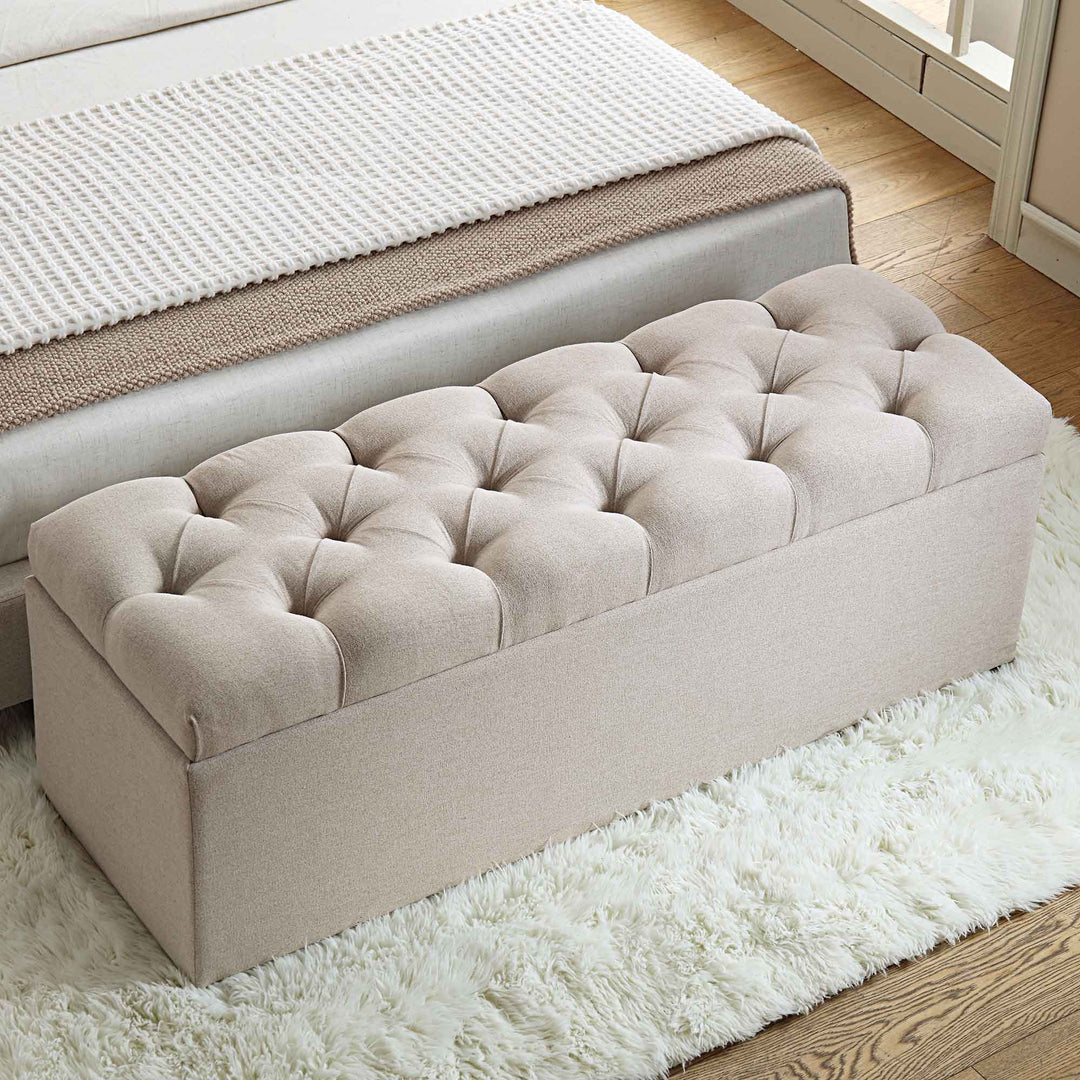 Leamington Deep-Buttoned Ottoman Storage Bench, Oatmeal Fabric | daals