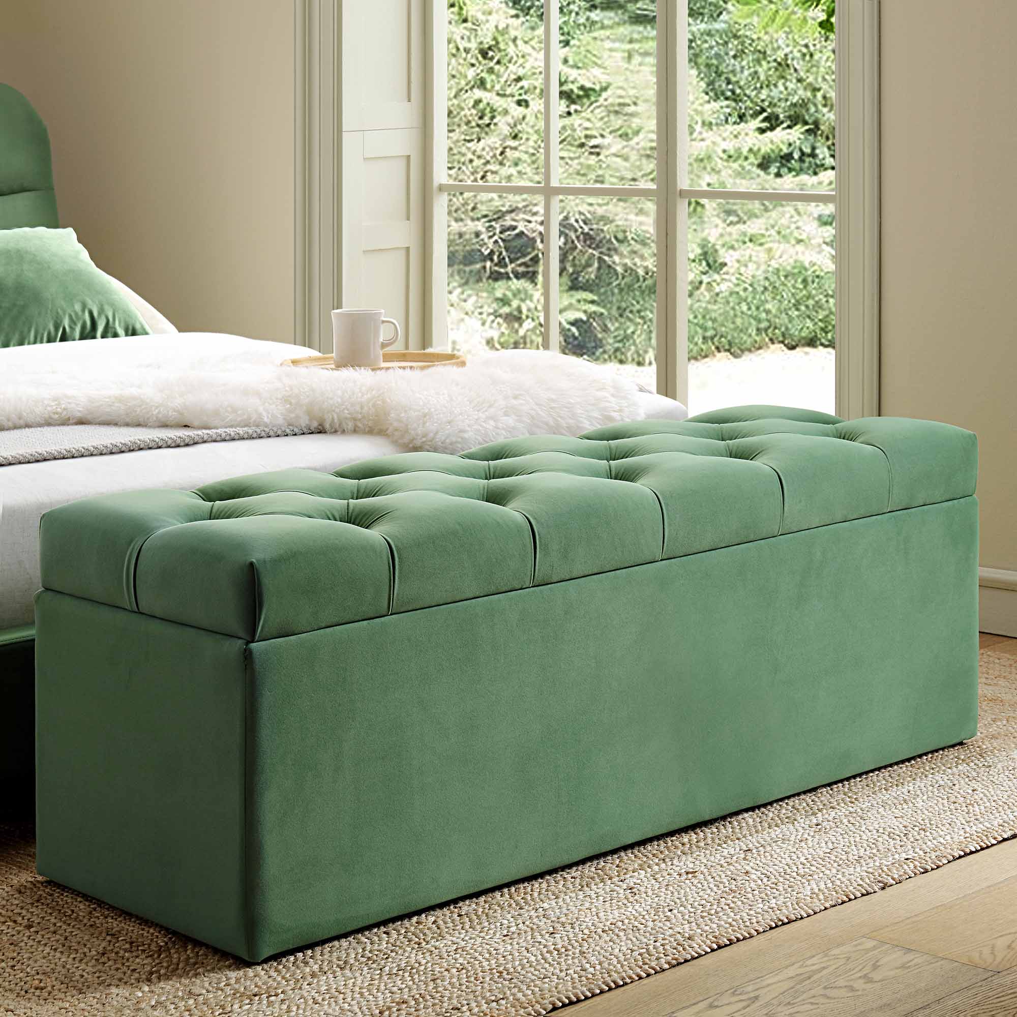 Deep Buttoned Leamington Deep-Buttoned Ottoman Storage Bench, Meadow Green Velvet | daals