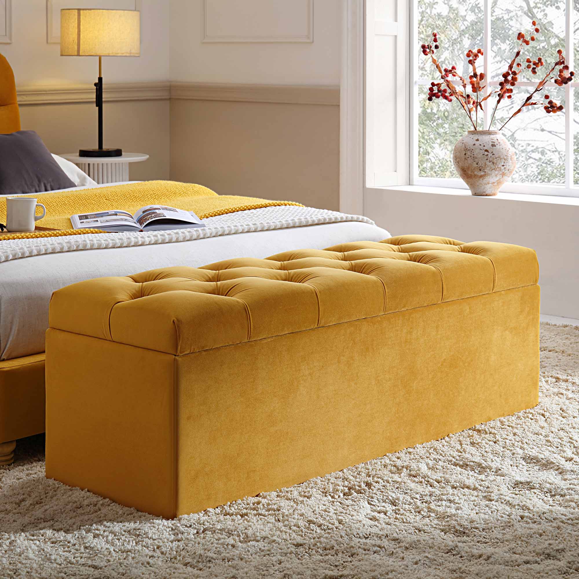 Window Seat Yellow Upholstered Bench Storage Bench For Bedroom End