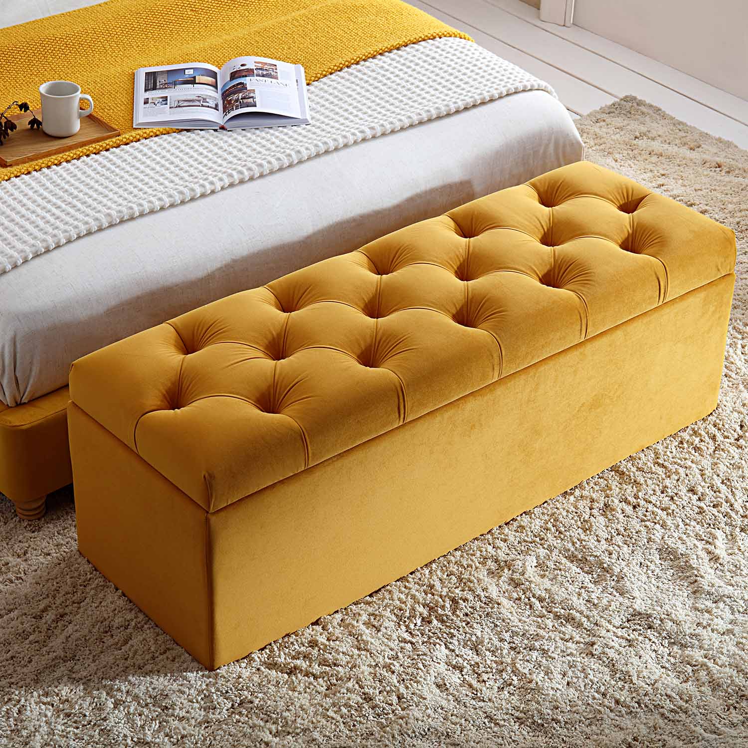 Leamington Deep-Buttoned Ottoman Storage Bench, Turmeric Yellow