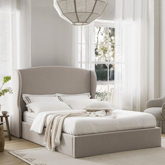 Kimberly Winged Upholstered Storage Bed, Sand Fabric