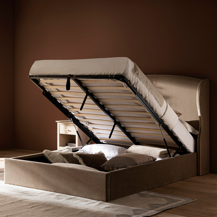 Kimberly Winged Upholstered Storage Bed, Taupe Velvet