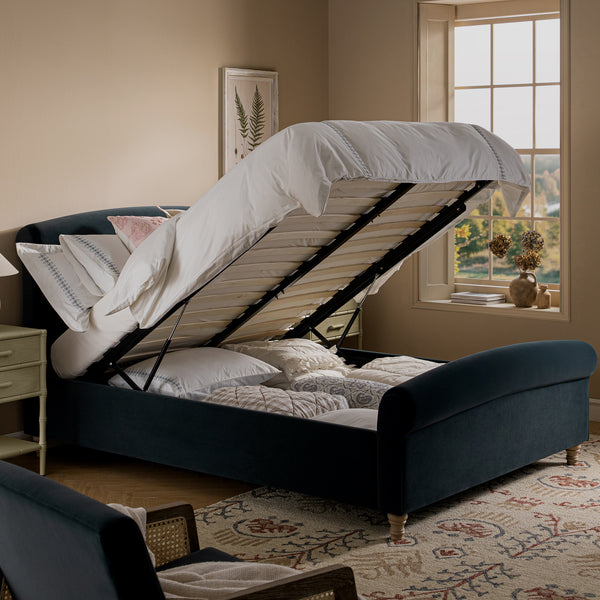 Porchester Ottoman Storage Sleigh Bed, Aegean Blue Velvet