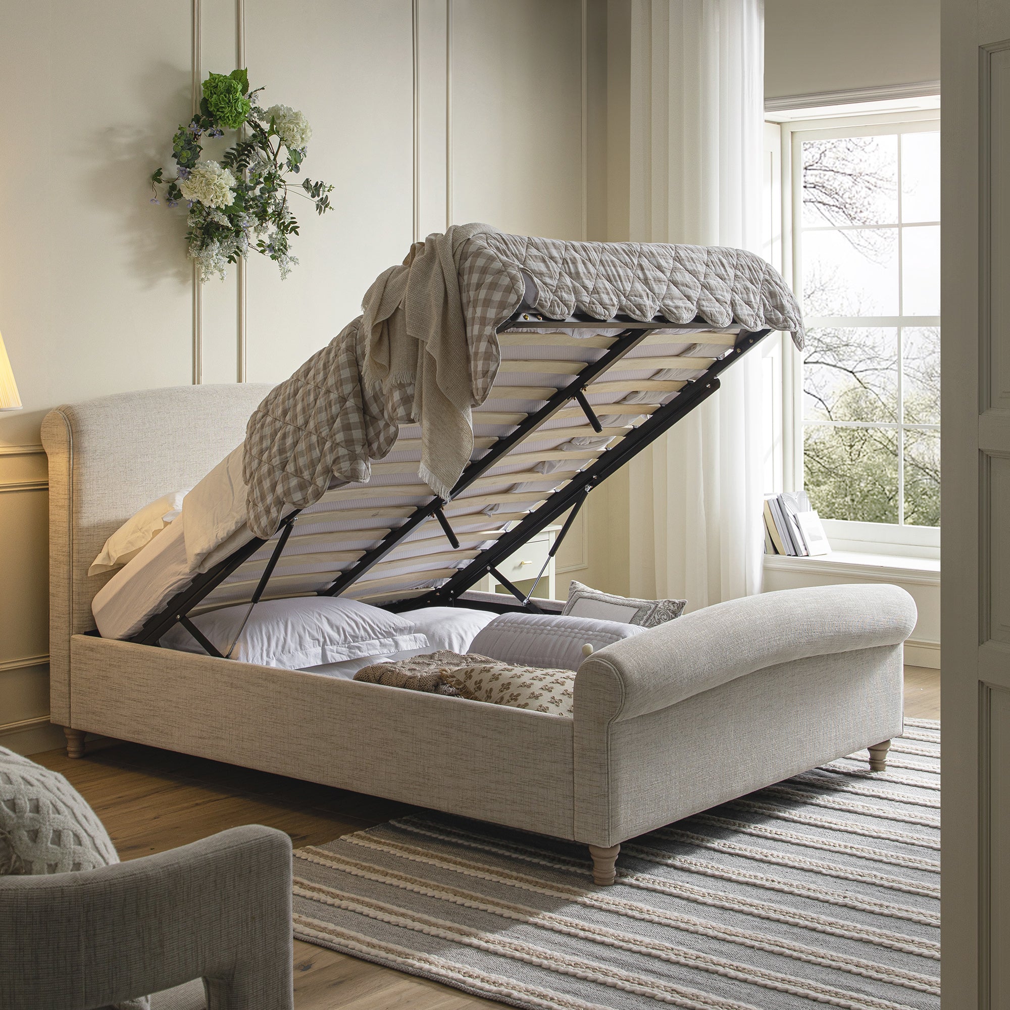 Porchester Ottoman Storage Sleigh Bed, Oatmeal Woven Textured Fabric ...