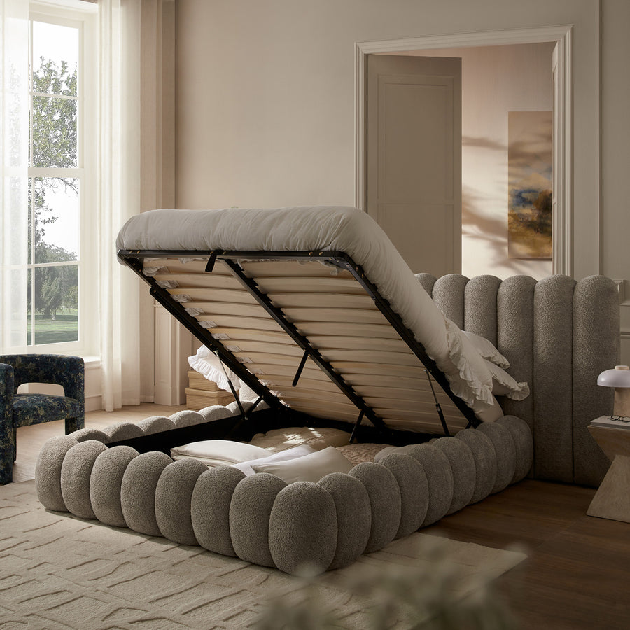 Sebastian Grand Storage Bed, Stone Teddy Bouclé
