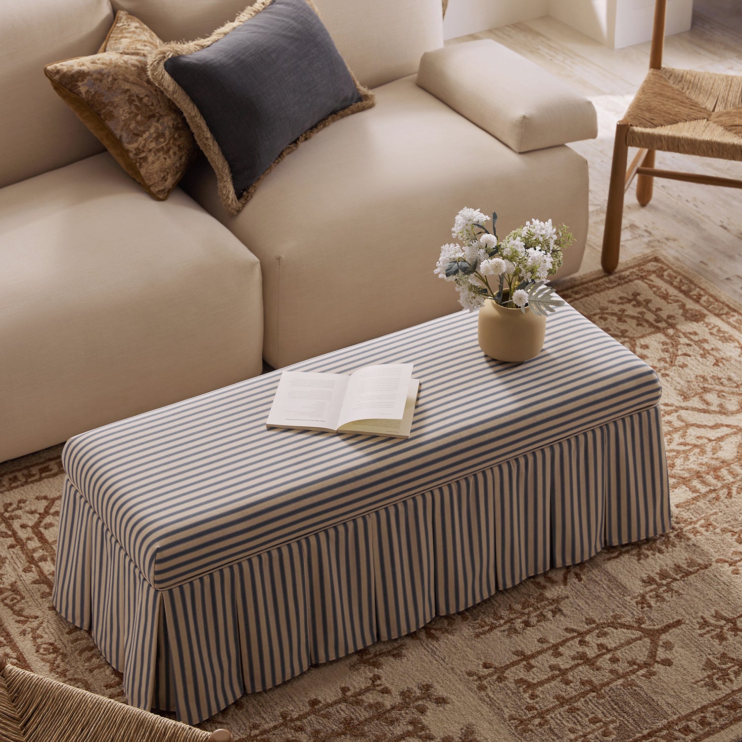 Egerton Box-Pleat Storage Bench, Blue Striped Linen | daals