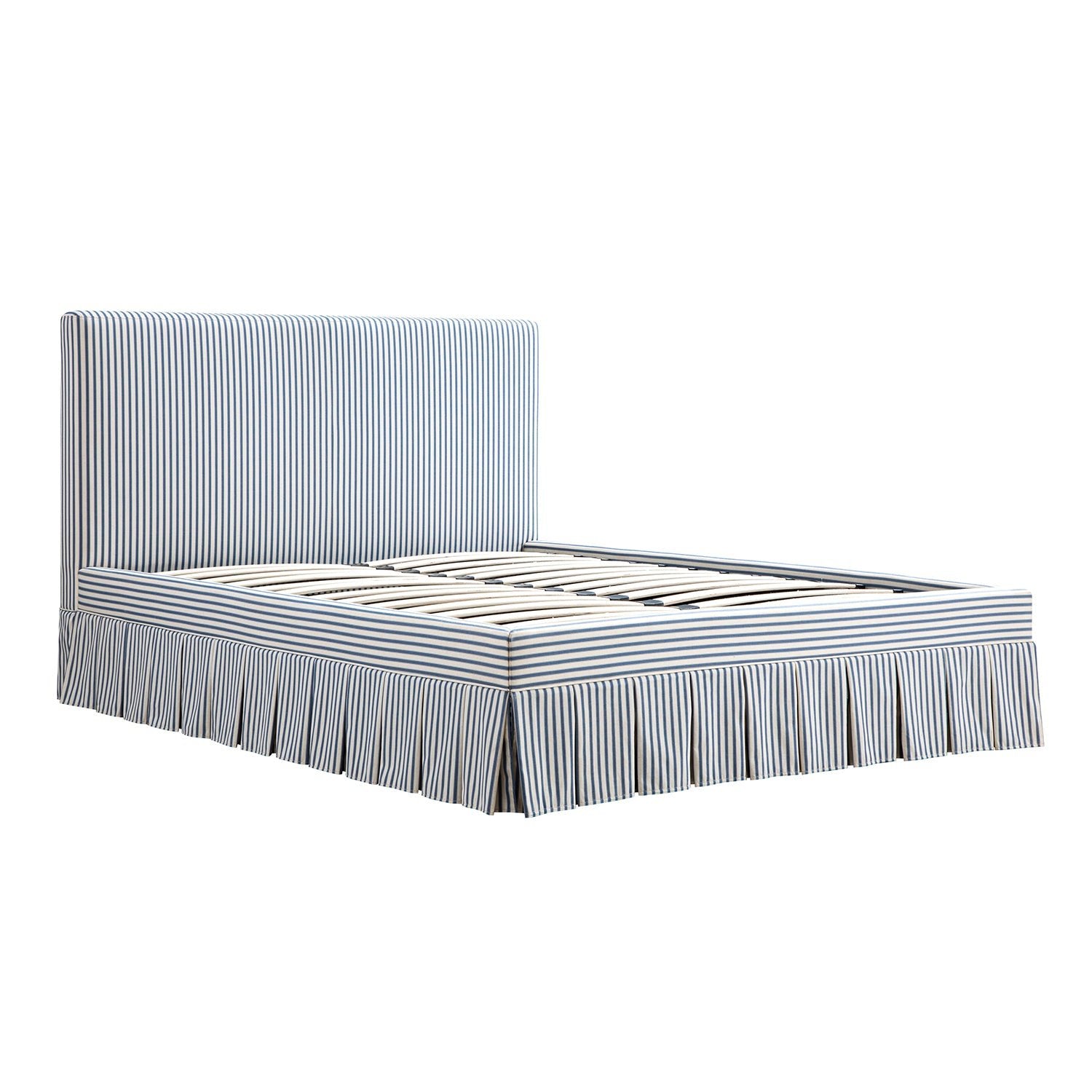 Egerton Box-Pleat Ottoman Storage Bed, Blue Striped Linen