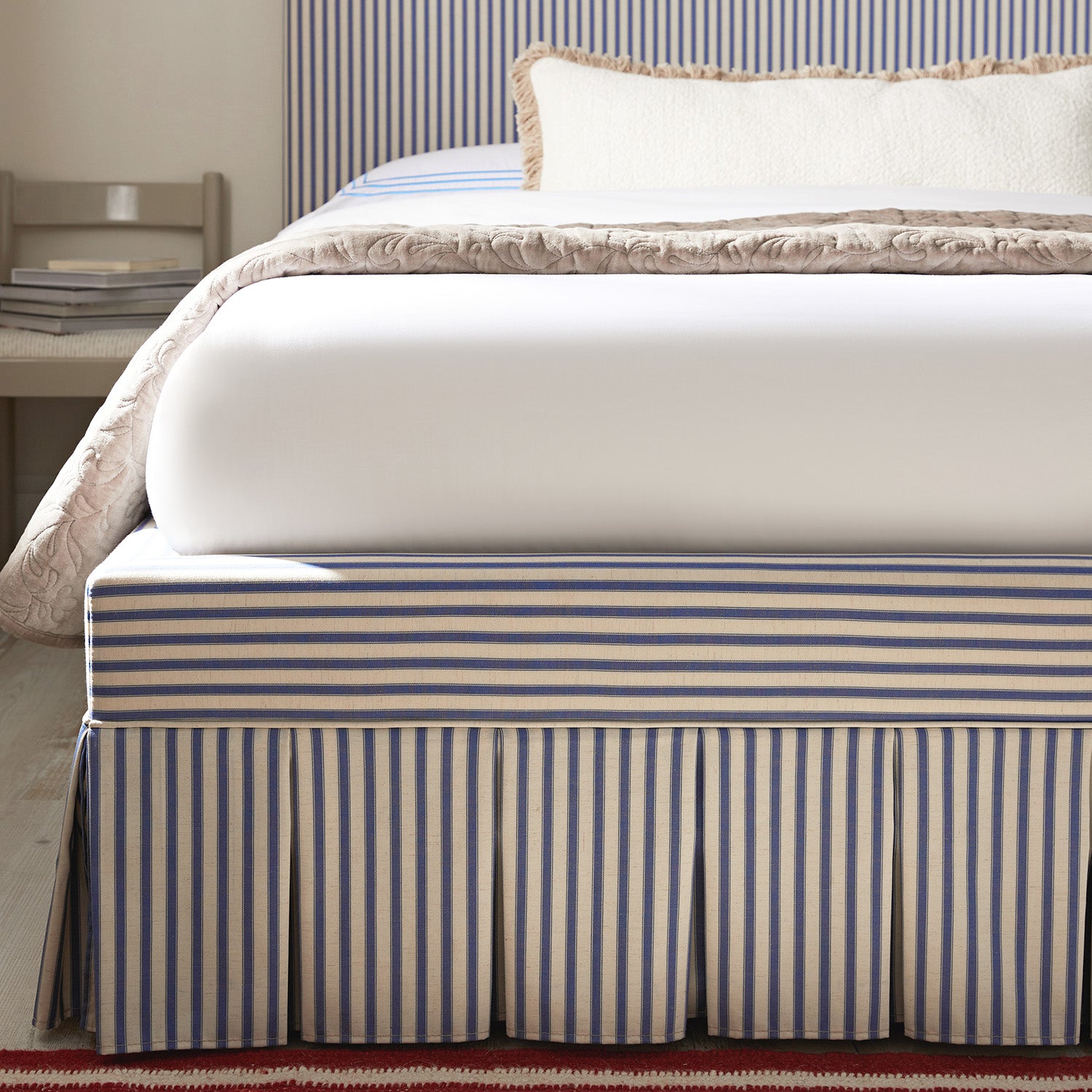 Egerton Box-Pleat Ottoman Storage Bed, Blue Striped Linen