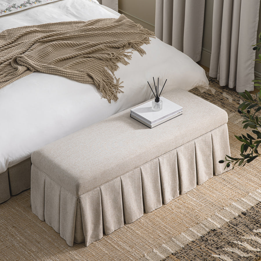 Egerton Box-Pleat Storage Bench, Oatmeal Brushed Fabric