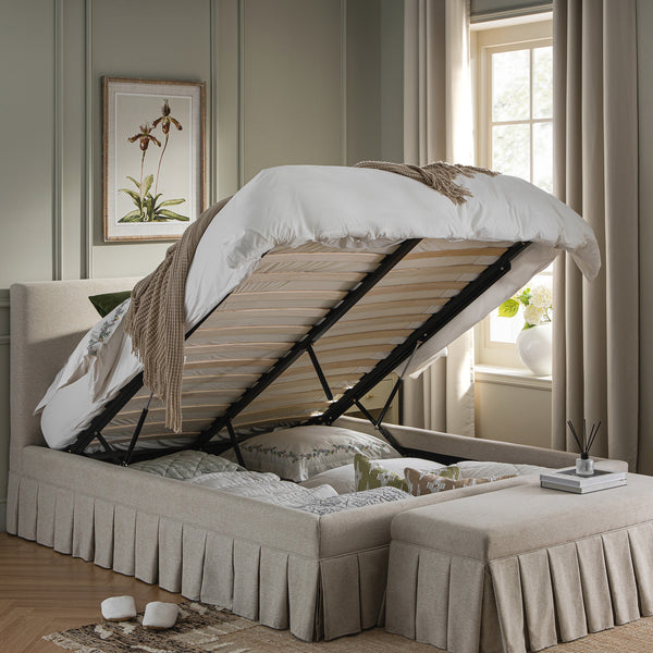 Egerton Box-Pleat Ottoman Storage Bed, Oatmeal Brushed Fabric