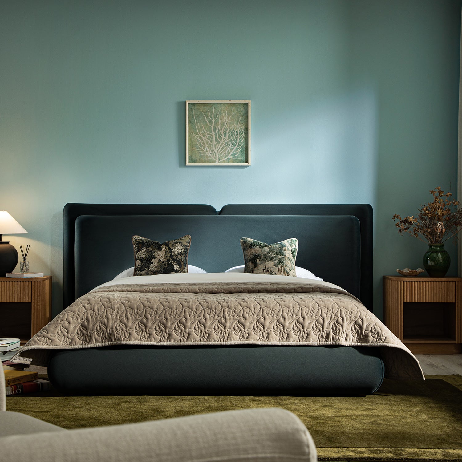 Jolene Layered Wingback Storage Bed, Aegean Blue Velvet - daals