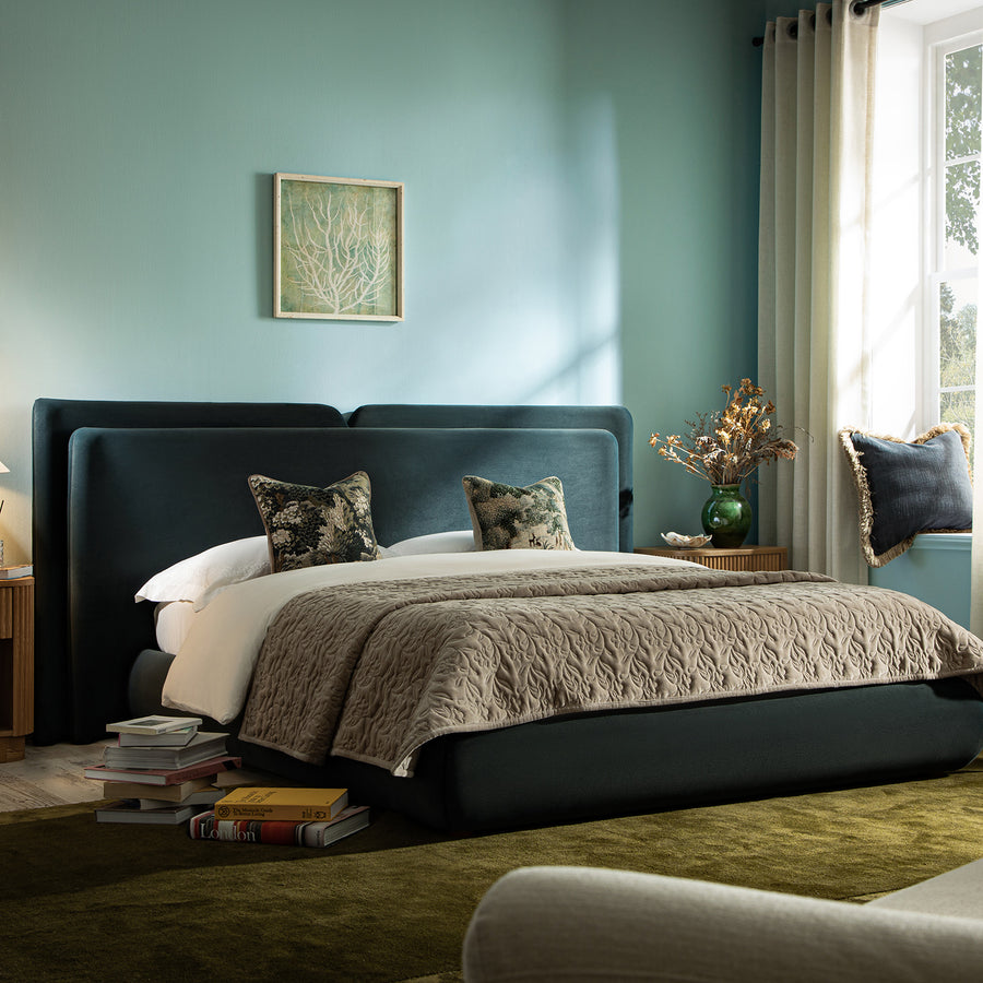 Jolene Layered Wingback Storage Bed, Aegean Blue Velvet