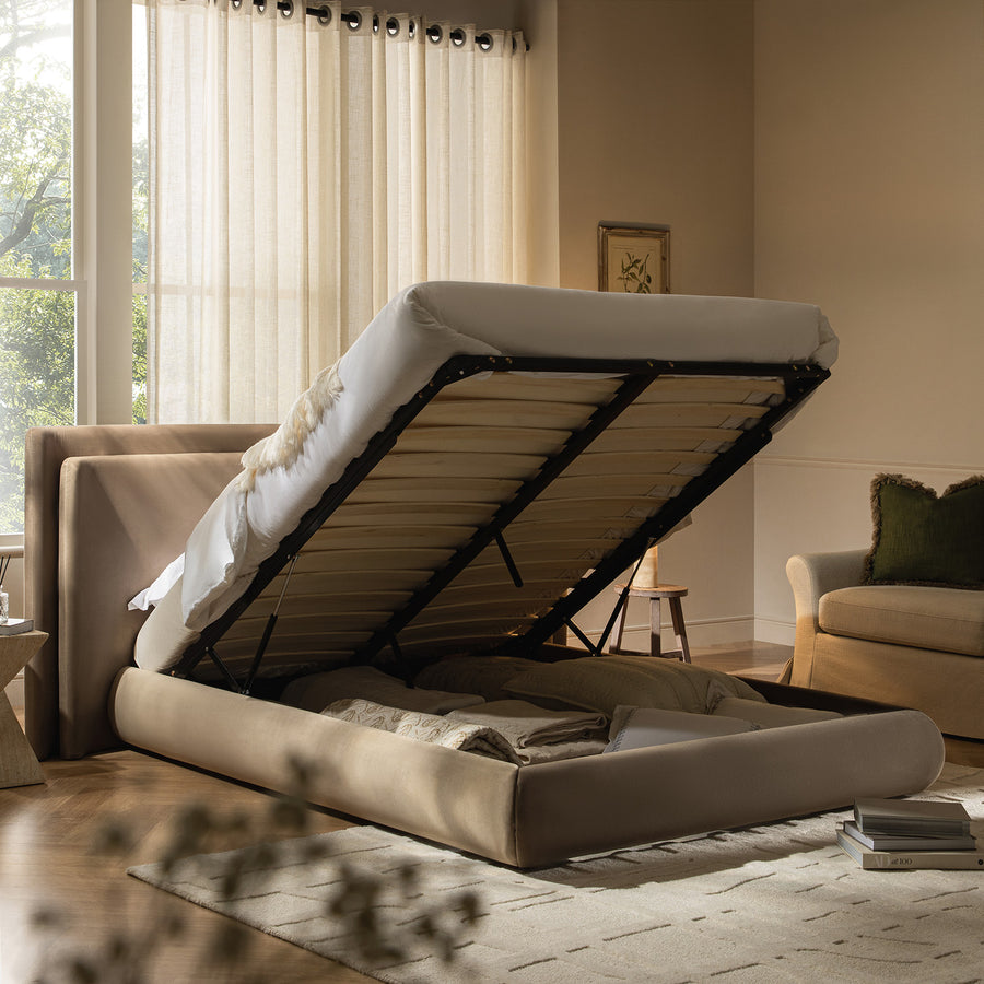 Jolene Layered Wingback Storage Bed, Taupe Velvet