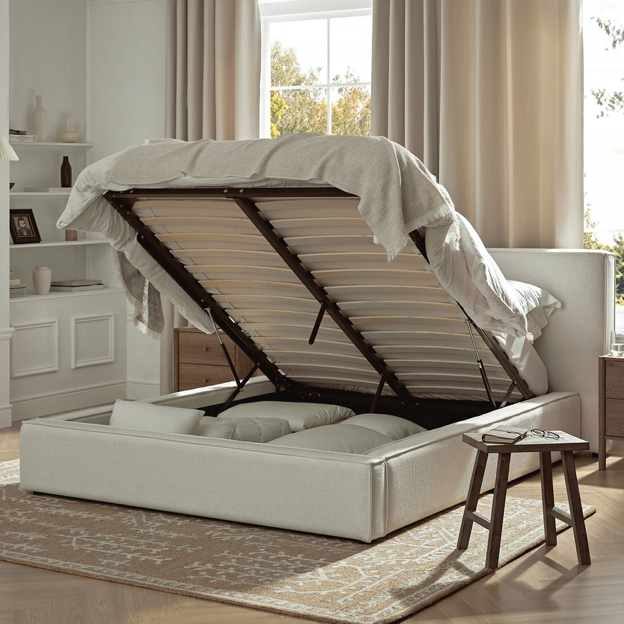 Claudine Ottoman Storage Bed, Beige Linen - daals