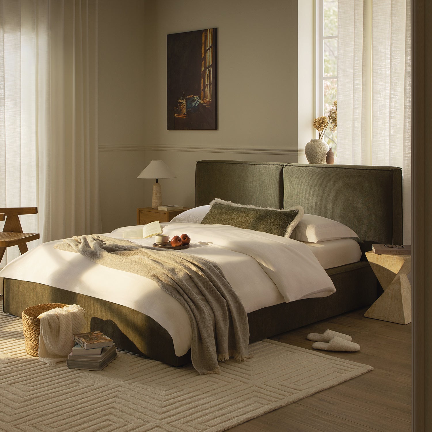 Claudine Ottoman Storage Bed, Moss Green Corduroy - daals