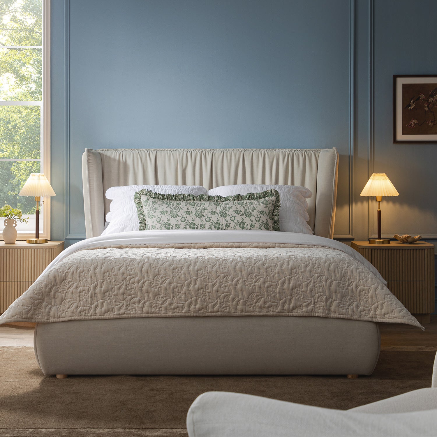 Astrid Ruched Wingback Bed, Ivory Chenille - daals