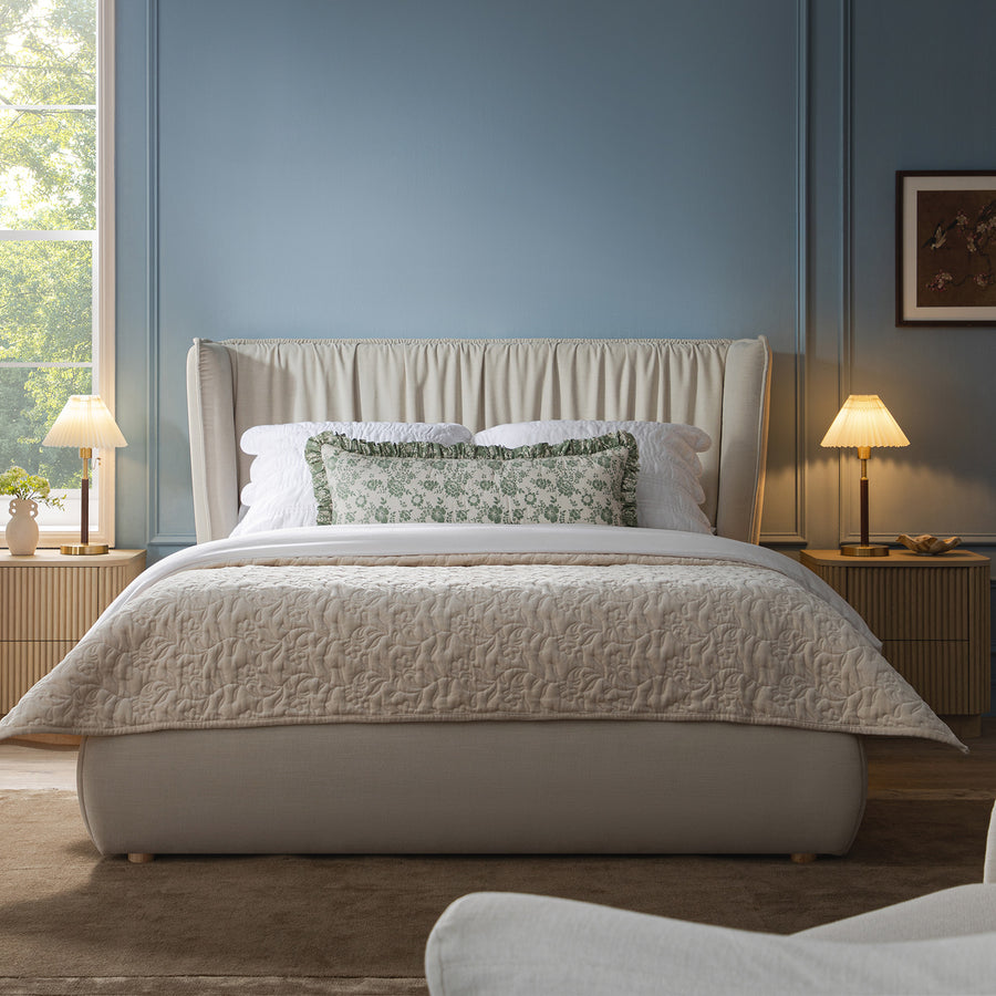 Astrid Ruched Wingback Bed, Ivory Chenille