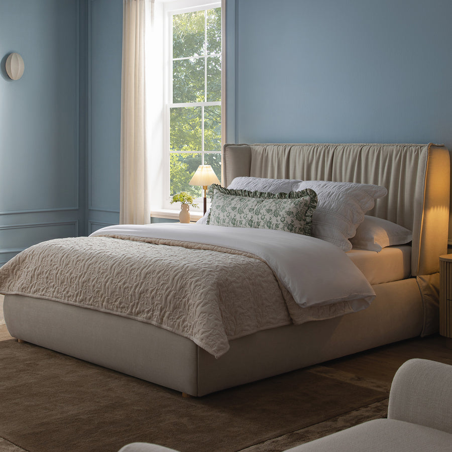 Astrid Ruched Wingback Bed, Ivory Chenille