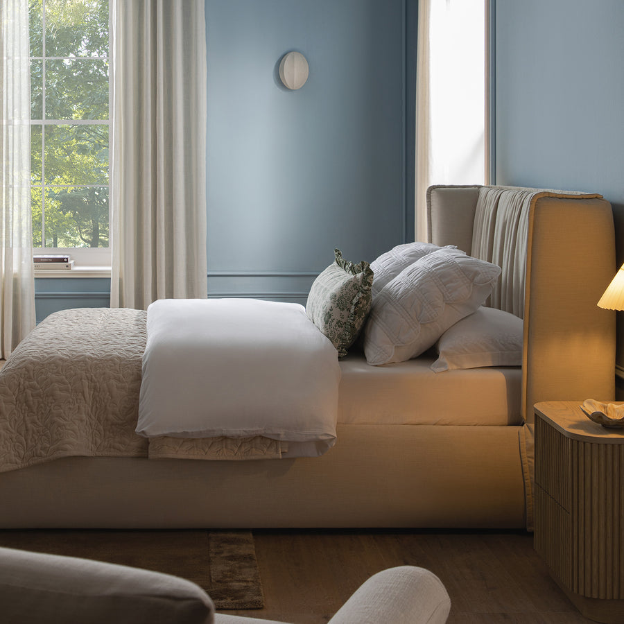Astrid Ruched Wingback Bed, Ivory Chenille