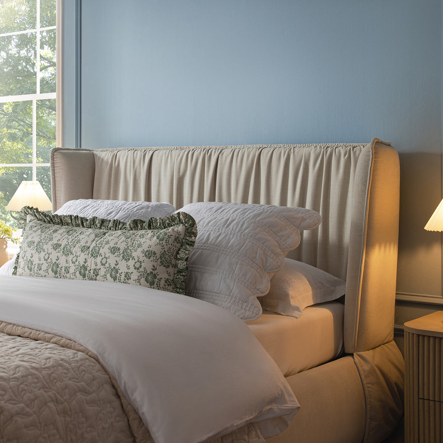Astrid Ruched Wingback Bed, Ivory Chenille