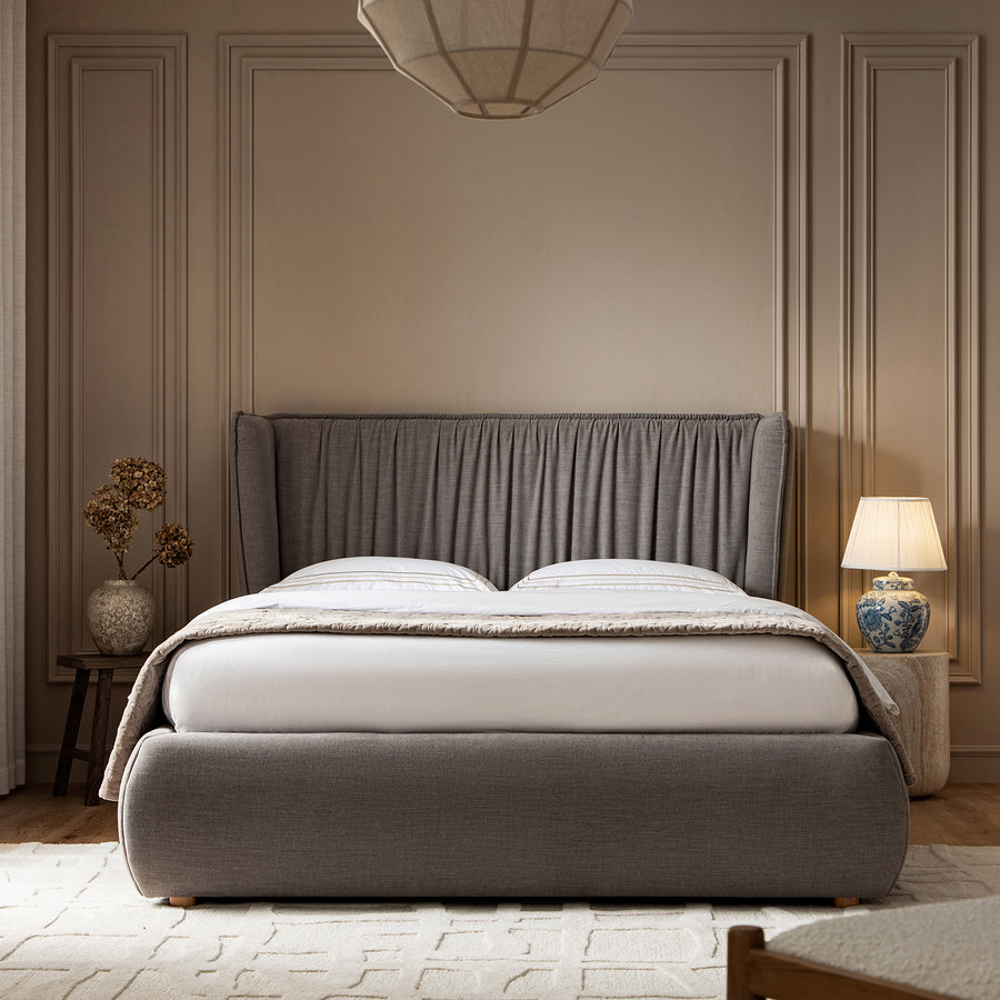Astrid Ruched Wingback Bed, Soft Grey Chenille