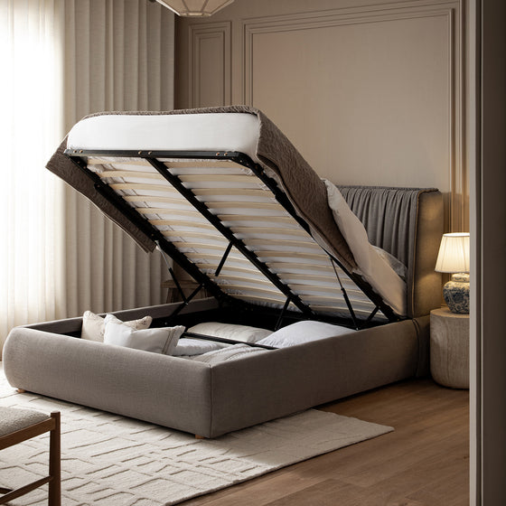 Astrid Ruched Wingback Bed, Soft Grey Chenille