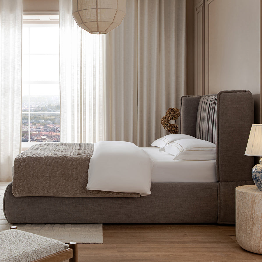 Astrid Ruched Wingback Bed, Soft Grey Chenille