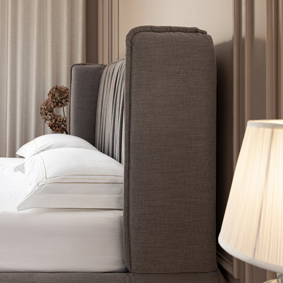 Astrid Ruched Wingback Bed, Soft Grey Chenille
