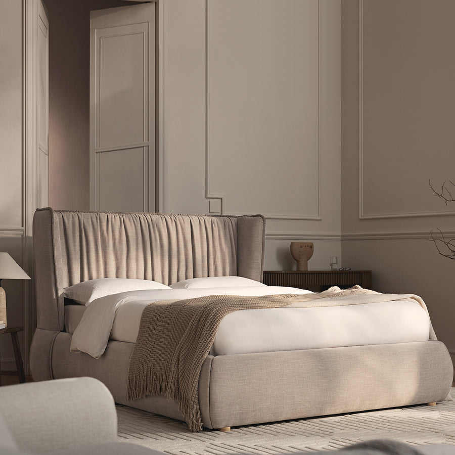 Astrid Ruched Wingback Bed, Oatmeal Chenille