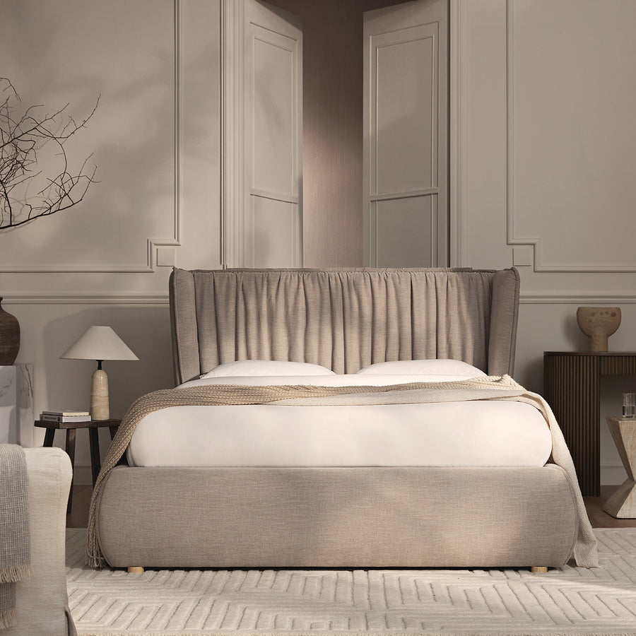 Astrid Ruched Wingback Bed, Oatmeal Chenille