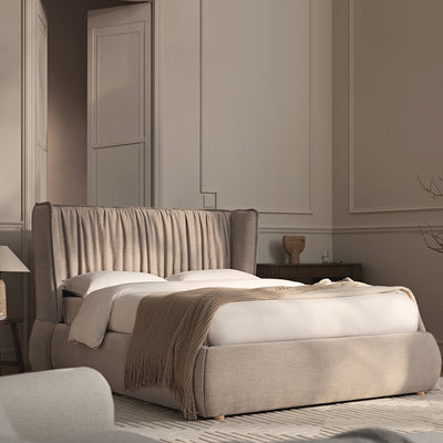 Astrid Ruched Wingback Bed, Oatmeal Chenille