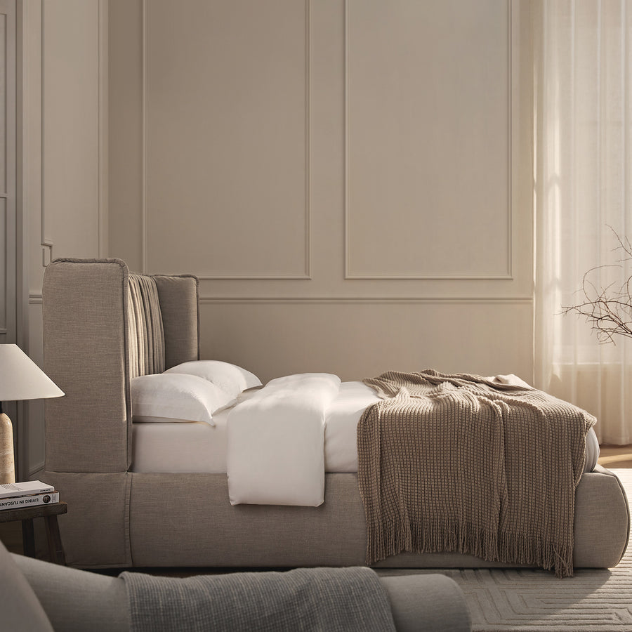 Astrid Ruched Wingback Bed, Oatmeal Chenille