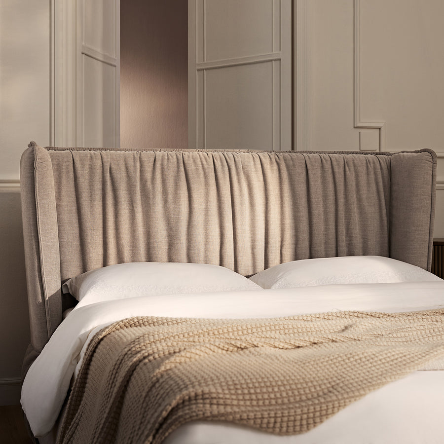 Astrid Ruched Wingback Bed, Oatmeal Chenille
