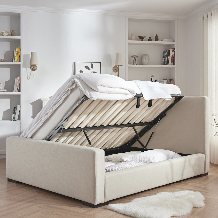 Antoine Side-Opening Ottoman Storage Bed, Ivory Linen Blend