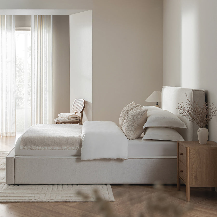 Forte Drawer Storage Bed, Beige Linen Blend