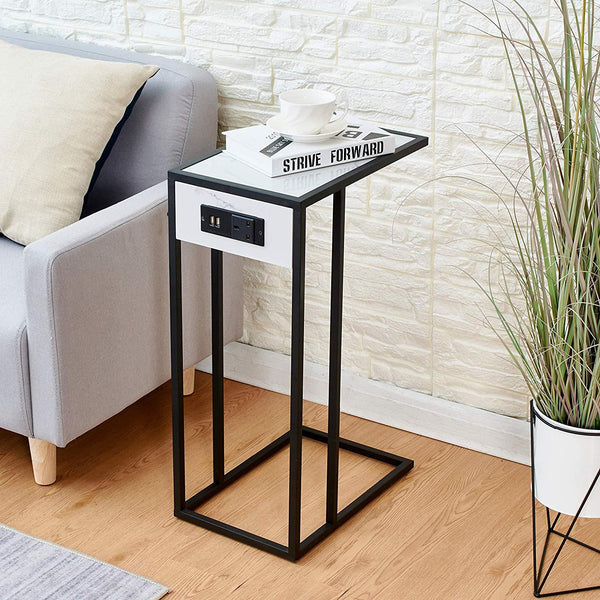 Cherry Tree Furniture ANTON Living Room Side Table, Sofa Table, End Table/w USB Ports & Power Outlet White Marble Effect & Black Frame