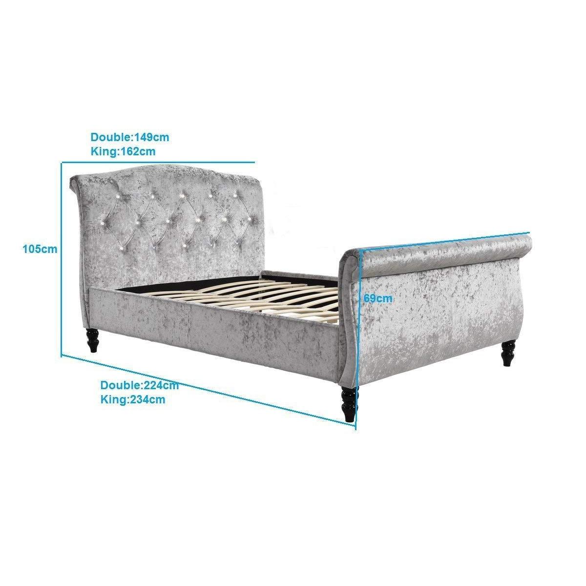 MEISSA Crushed Velvet Upholstered Sleigh Bed with Diamante Headboard, Silver