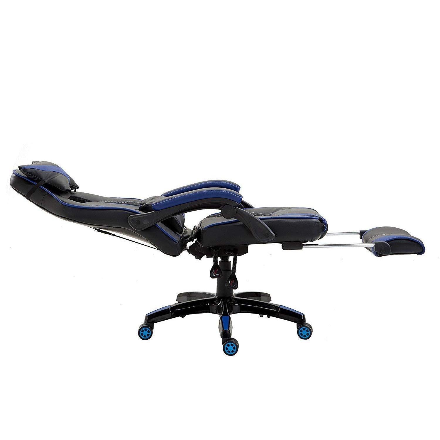 High Back Recliner Gaming Swivel Chair with Footrest & Adjustable Lumbar & Head Cushion, MR49 Black & Blue
