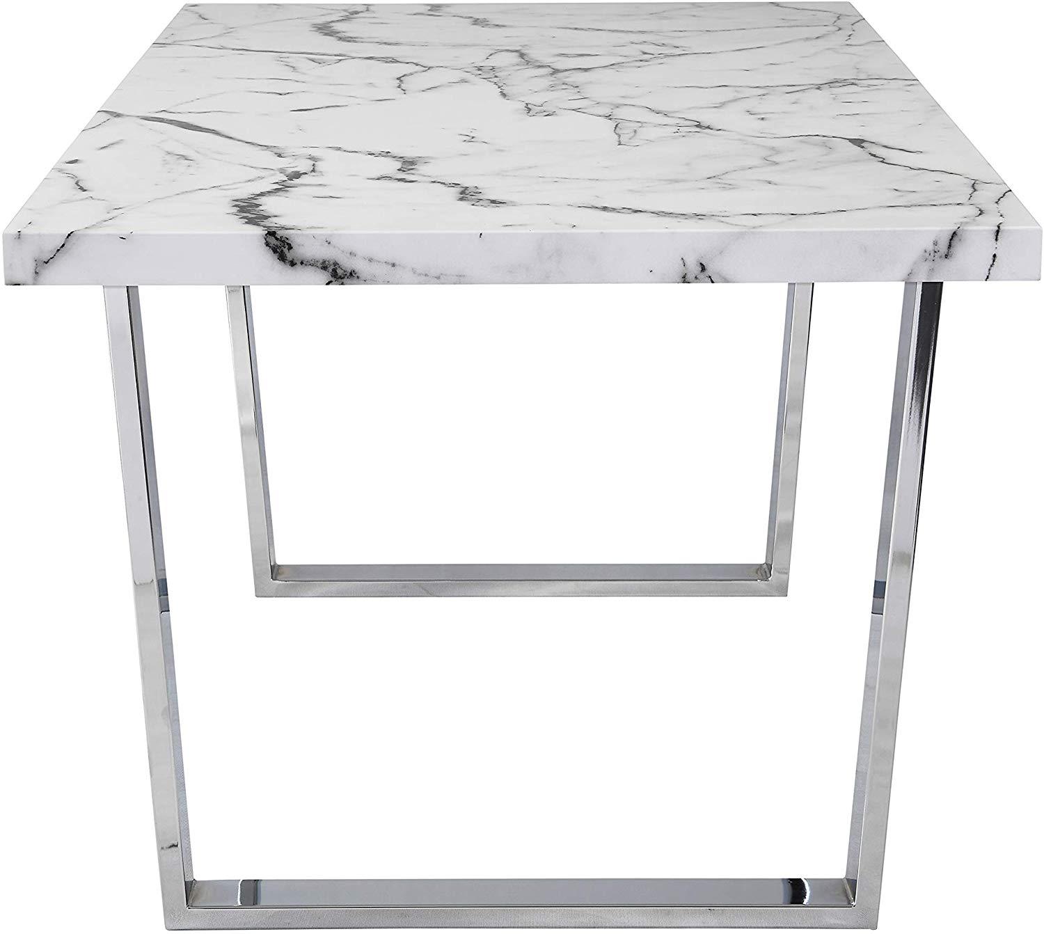BIASCA 6-Seater High Gloss Marble Effect Dining Table with Silver Chrome Legs White