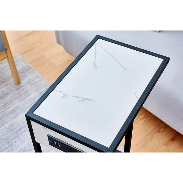 Cherry Tree Furniture ANTON Living Room Side Table, Sofa Table, End Table/w USB Ports & Power Outlet White Marble Effect & Black Frame
