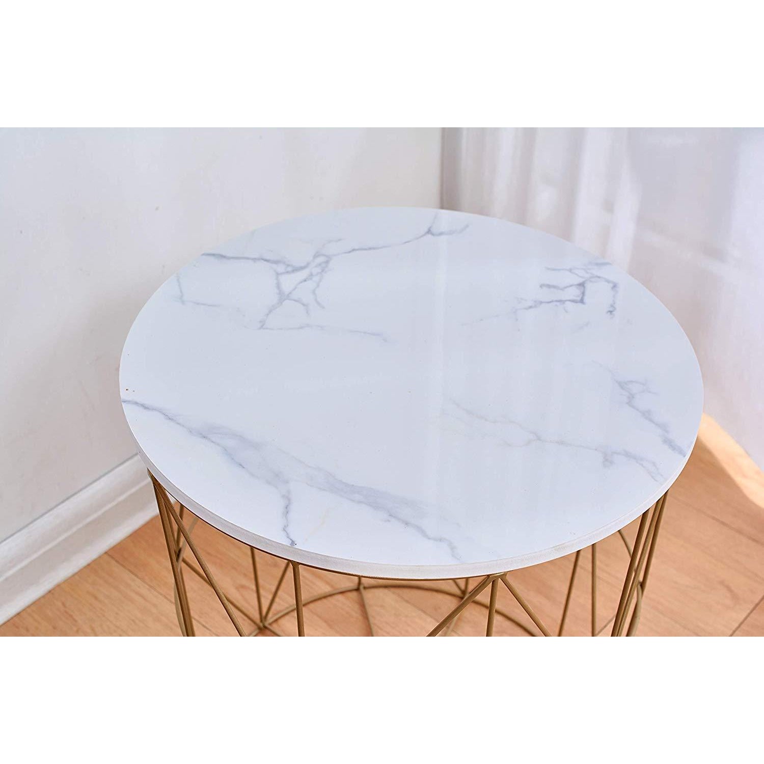 Cherry Tree Furniture KORAM Marble Effect Top Basket Side Table Golden Geometric Wire Frame End Table