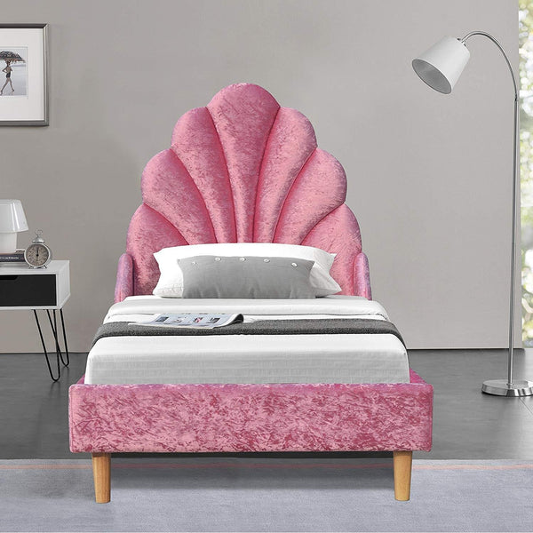 Cherry Tree Furniture ARIEL Pink Crushed Velvet Upholstered Kid's Princess Bed with Scalloped Headboard