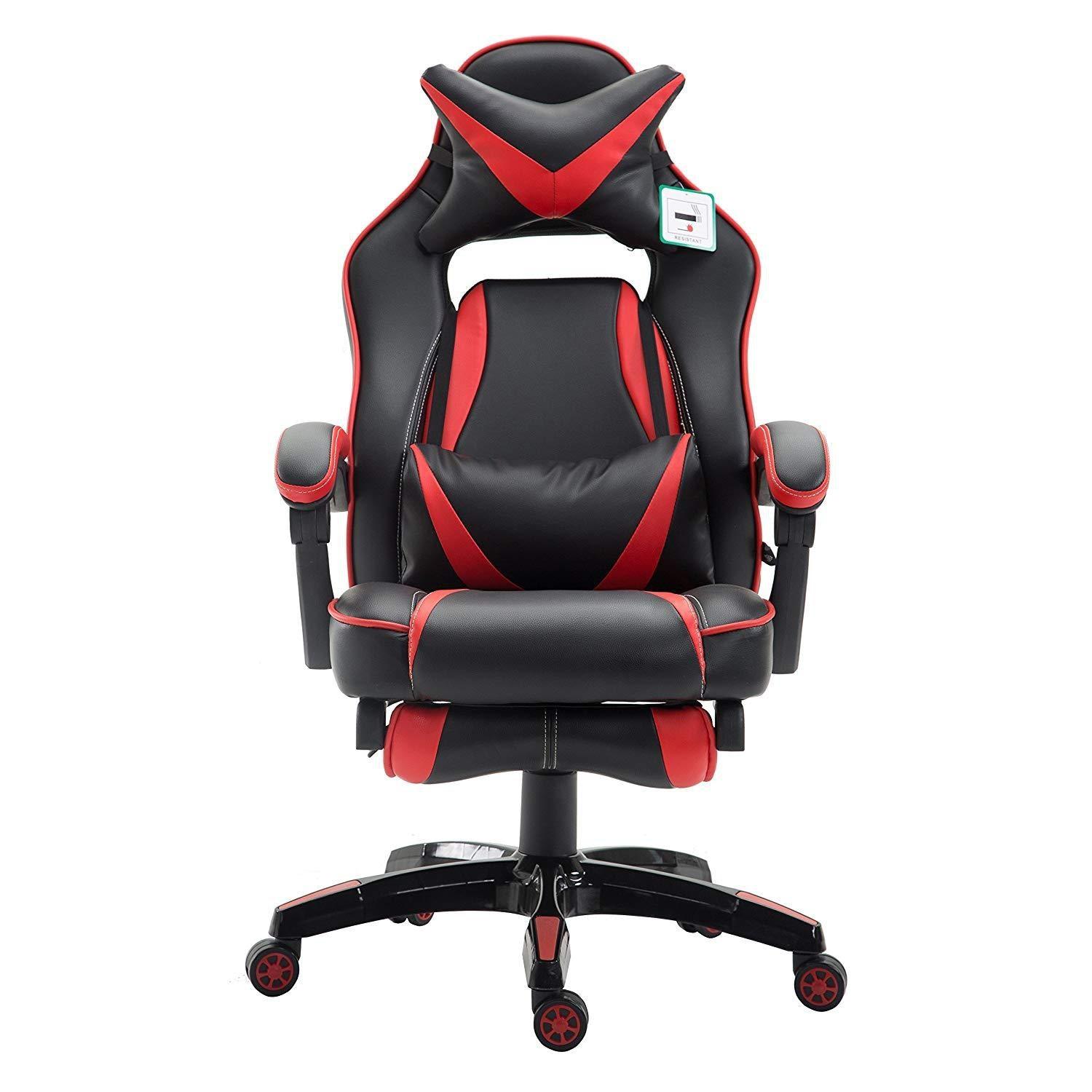 High Back Recliner Gaming Swivel Chair with Footrest & Adjustable Lumbar & Head Cushion, MR49 Black & Red