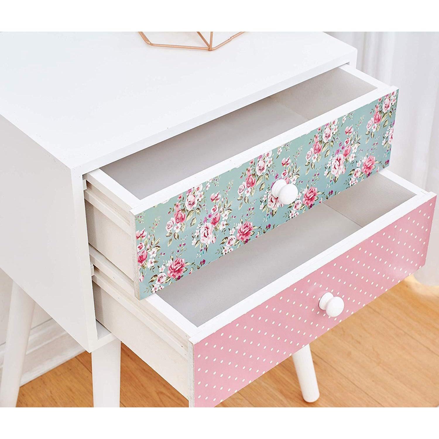 Cherry Tree Furniture CANTERBURY Wooden 2-Drawer Bedside Table Nightstand, Rose & Polka Dot Pattern