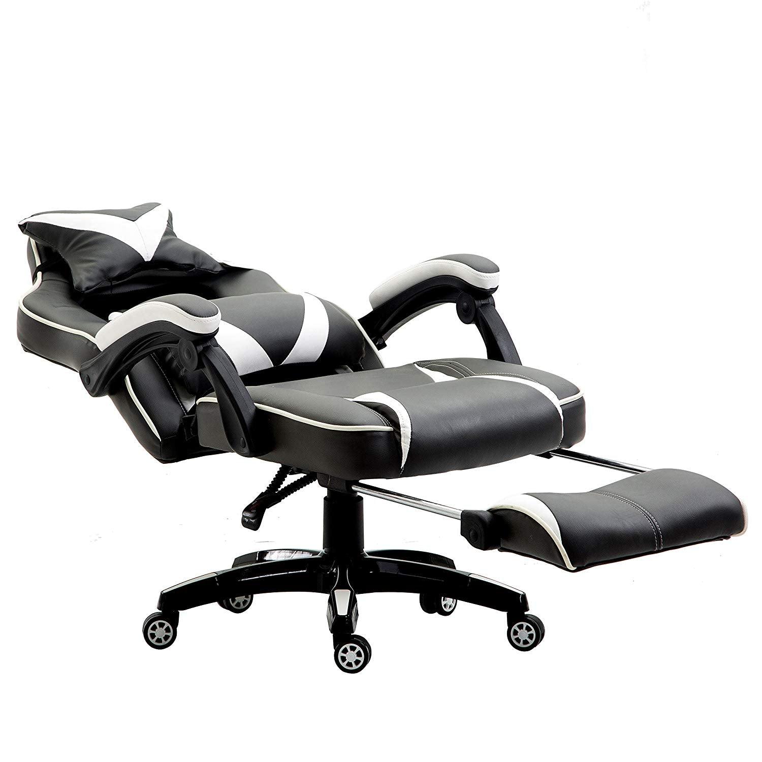 High Back Recliner Gaming Swivel Chair with Footrest & Adjustable Lumbar & Head Cushion, MR49 Black & White