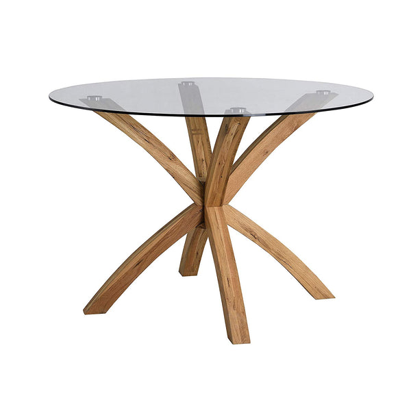 Lugano 110cm Round Glass Top Solid Oak Legs Dining Table