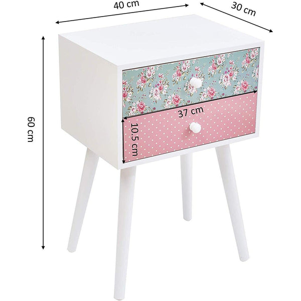 Cherry Tree Furniture CANTERBURY Wooden 2-Drawer Bedside Table Nightstand, Rose & Polka Dot Pattern - daals
