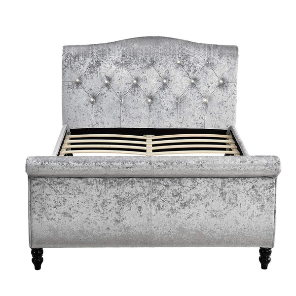 MEISSA Crushed Velvet Upholstered Sleigh Bed with Diamante Headboard, Silver - daals